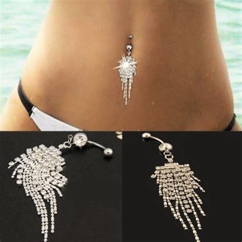Sparkling Silver Plated Crystal Rhinestone Tassel Chain Dangle Body Piercing Navel Belly Button