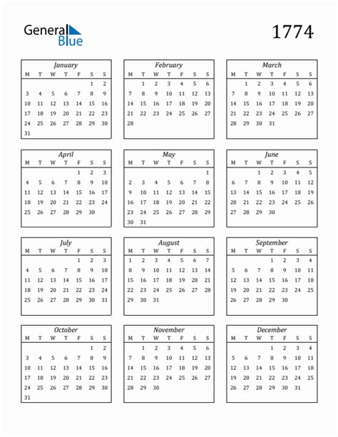 1774 Yearly Calendar Templates With Monday Start