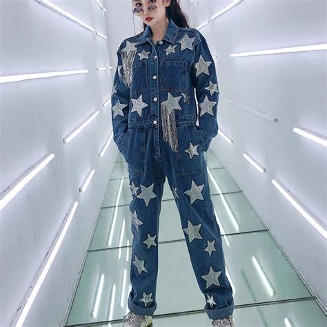 7mang 2019 Streetwear Blue Denim Jumpsuit Women Long Sleeve Star Sequin