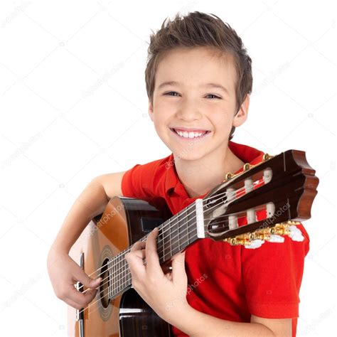 Niño Feliz Está Tocando Guitarra Acústica — Foto De Stock © Valuavitaly