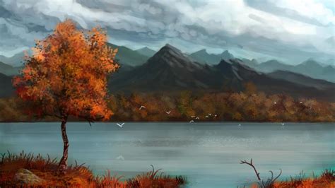 Paintings Art Landscapes Lakes Mountains Sky Clouds Tree Forest Autumn