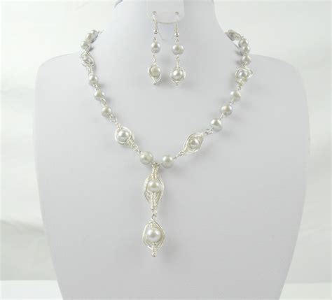 Silver Pearl Necklace Set Gemstone Jewelry Set Pearl Etsy