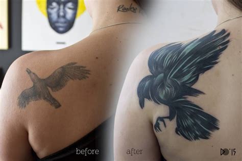 Acrylic Style Raven Cover Up Tattoo On The Left Shoulder Blade Tattoo