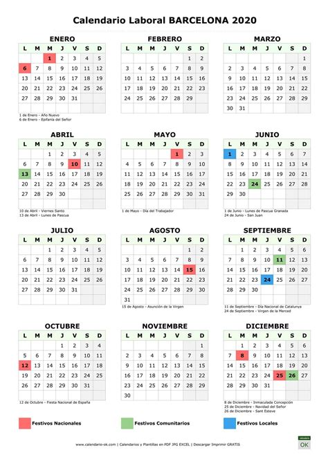 Calendarios laborales estatal y autonómicos confeccionados con las fiestas estatales y autonómicas. Calendario Laboral 【BARCELONA 2020】 para IMPRIMIR