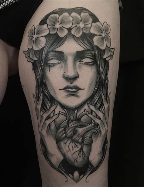 My First Tattoo Black And Grey Neotraditional Woman With An Anatomical