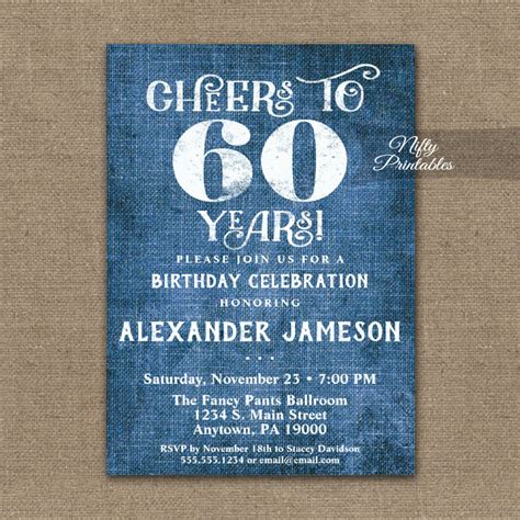 60th Birthday Invitations Blue Linen Rustic Cheers Nifty Printables