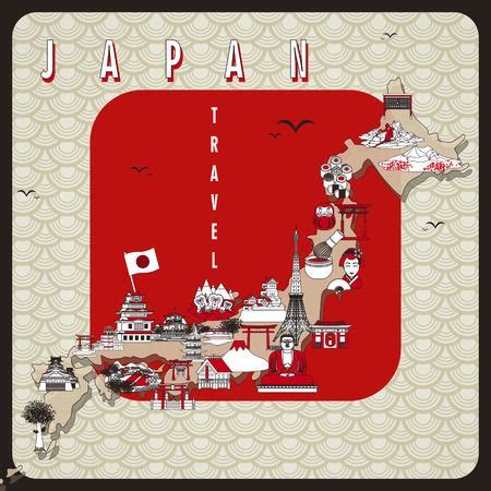 Retro Japan Travel Map Design With Attractions Japan Travel In