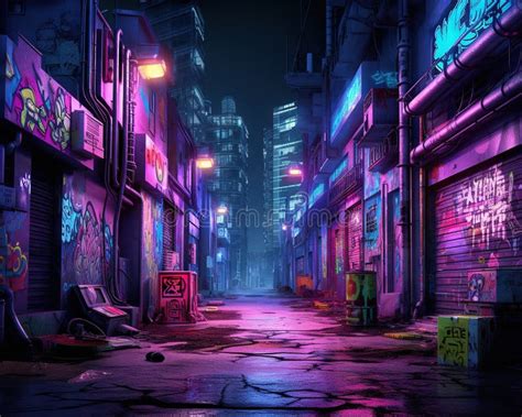 Street In Cyberpunk City Alley With Graffiti And Garbage Stock