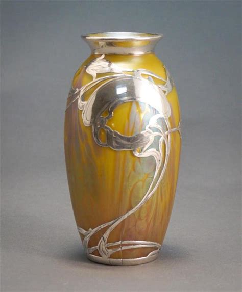 Lot Loetz Silver Overlay Medici Iridescent Glass Vase Circa 1900