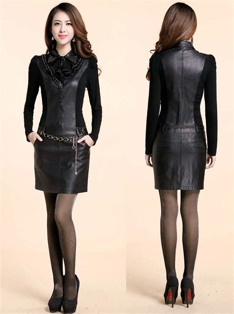 Korean Leather Winter Dress Pu Leather Women Dress Slim Hip Long