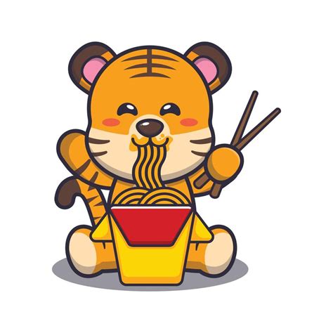 Cute Tiger Eating Noodle Cartoon Vector Illustration 6664945 Vector Art