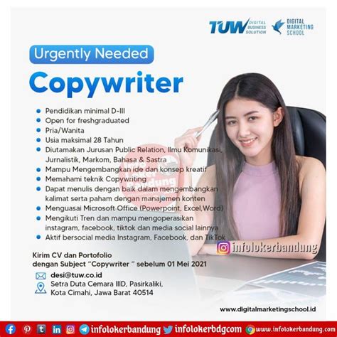 Ada banyak info loker yang tersedia dari berbagai perusahaan industri yang ada di indoensia. Lowongan Kerja TUW Consultant dan Digital Marketing School ...