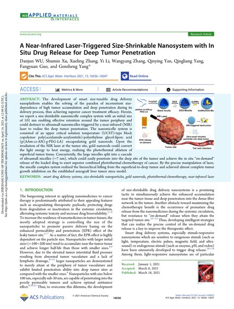 Pdf A Near Infrared Laser Triggered Size Shrinkable Nanosystem With In Situ Drug Release For