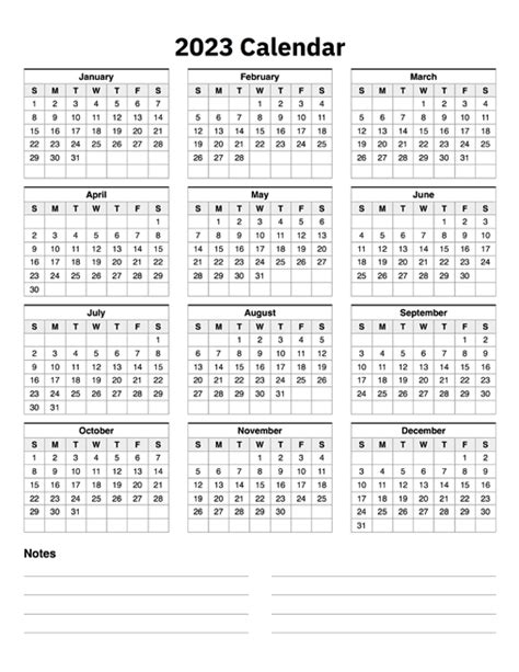 2023 Calendar One Page With Notes