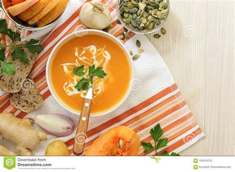 Pumpkin Soup Puree And Ingredients Top View Stock Photo Image Of