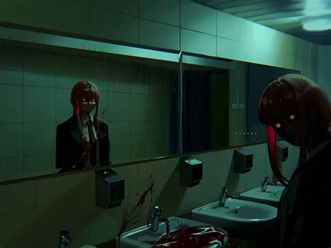 Wallpaper Chainsaw Man Makima Chainsaw Man Mirror Horror Bathroom