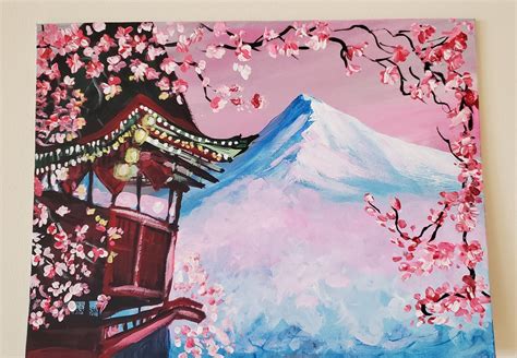 Mount Fuji Cherry Blossoms Acrylic Painting Wall Art Etsy