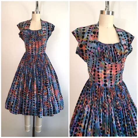 Vintage 1950s Rainbow Polka Dot Dress 50s Silk Dress Gem