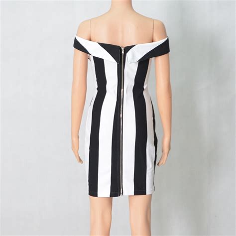 Sexy Black And White Vertical Stripes Off Shoulder Slim Package Hip Dress On Luulla