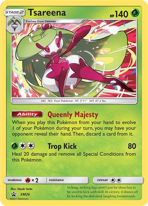 Yelled ash's pikachu as the small yellow mouse pokémon was thrown back by diantha's tyrantrum. Serebii.net TCG SM Promos - #26 Tsareena