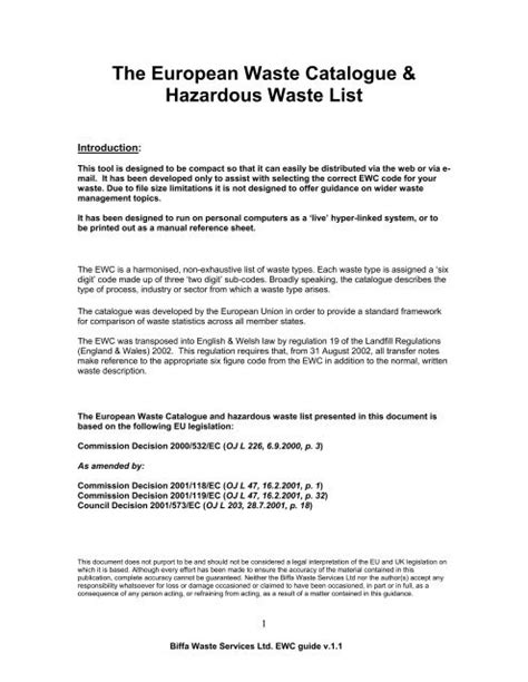 The European Waste Catalogue Hazardous Waste List Biffa