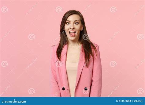 Portrait Of Crazy Funny Loony Young Woman In Jacket With Beveled Eyes