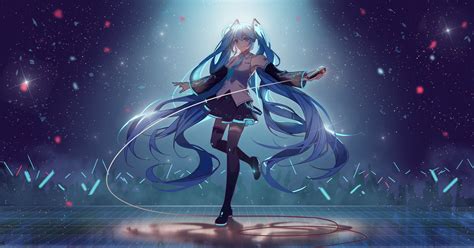 Thigh Highs Vocaloid Stage Light Smiling Anime Blue Hair Hatsune Miku Anime Girls Blue
