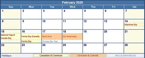 February 2026 Canada Calendar With Holidays For Printing Image Format