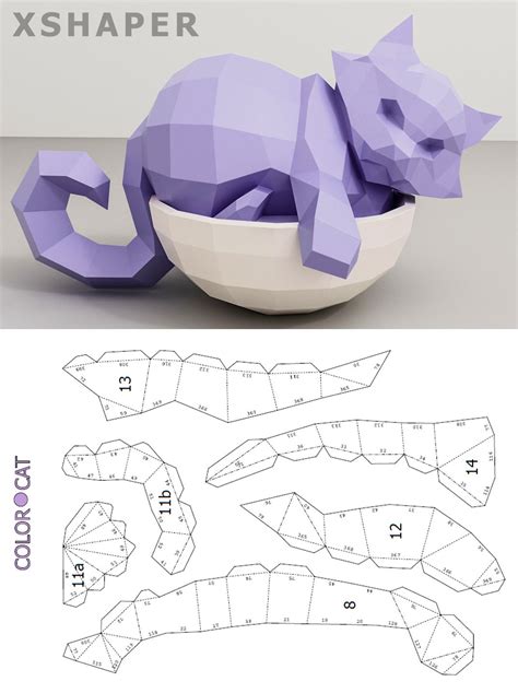 Papercraft Cat In A Bowl 3d Paper Craft Cat Model Digital Etsy In