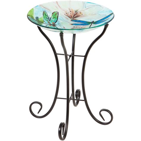 Evergreen Glass Bird Bath With Resting Dragonfly On Stand Ornamental