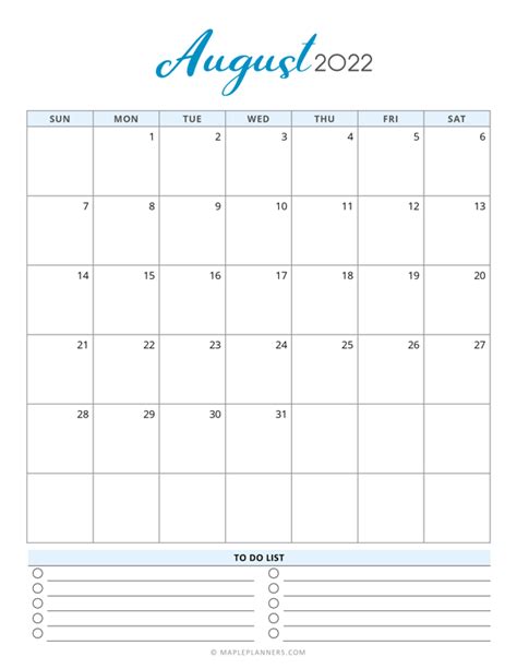 Free Printable August 2022 Calendar Template