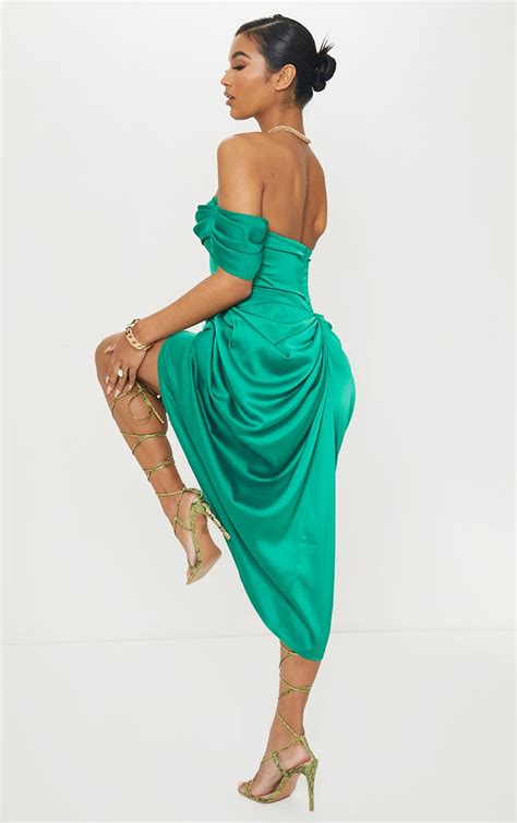 Emerald Green Satin Draped Bardot Midi Dress Prettylittlething Qa