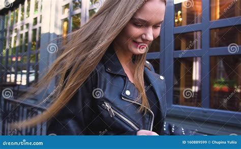 Face Portrait Of Attractive Woman In Black Leather Jacket Stock Video