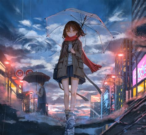 Download Wallpaper 3000x2770 Girl Umbrella Anime Rain