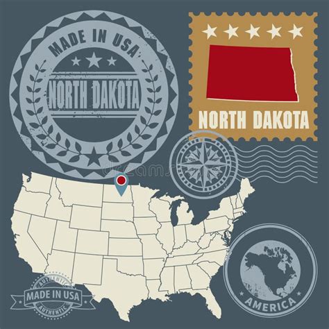 Abstract Post Stamps Set With Name And Map Of North Dakota Usa Stock