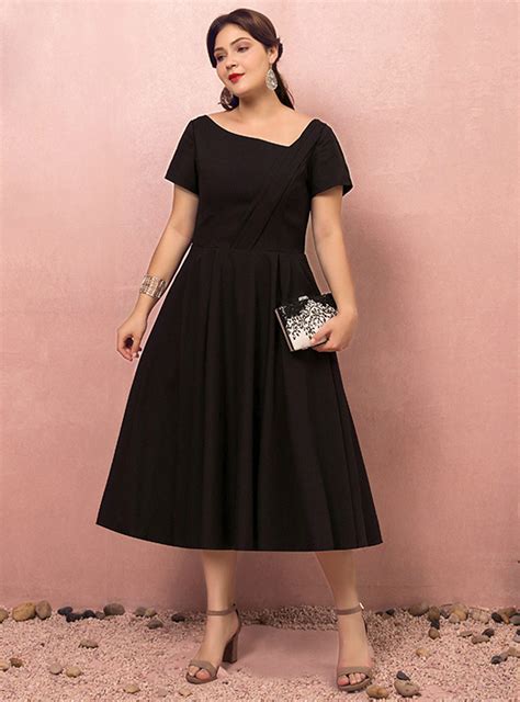 Plus Size Black Satin Tea Length Asymmetrical Neck Prom Dress