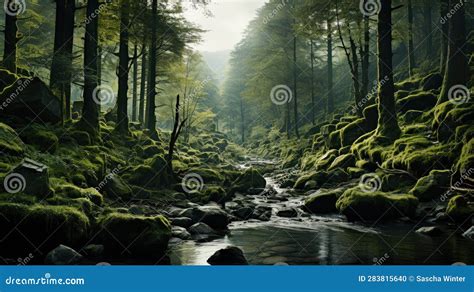 Ethereal Embrace: Immersed in the Enchanting Green Forest Stock