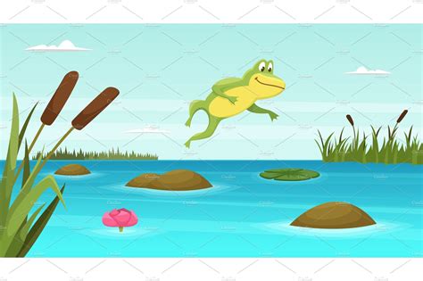 Frog Jumping In Pond Vector Cartoon Background Graphics ~ Creative