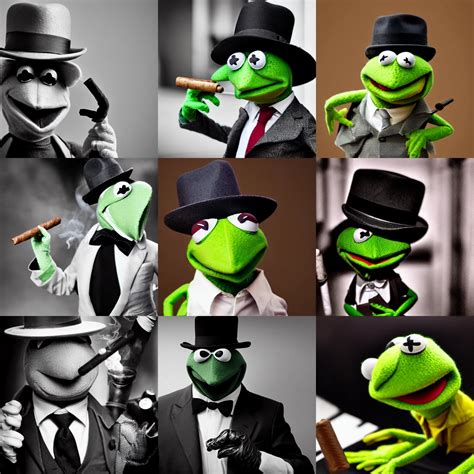 Kermit The Frog Dressed As A Mobster Smoking A Cigar Stable