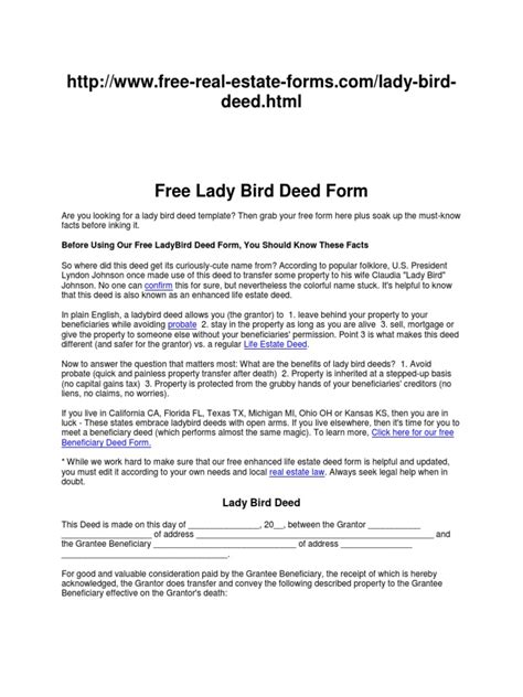 Free Printable Lady Bird Deed Florida Form