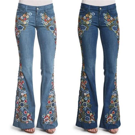 Embroidered Jeans Bell Bottoms Embroidery Flowers Flare Pants Classic