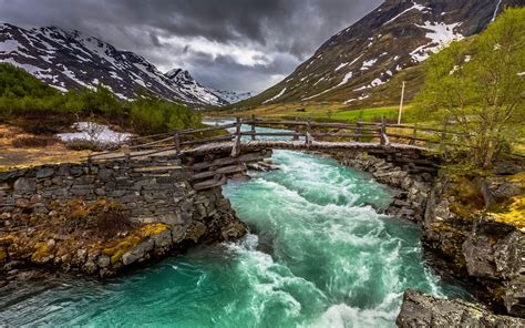 Nature Landscape River Bridge Mountain Trees Clouds Snow Green Water Norway Wallpapers