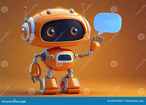 Friendly Positive Cute Cartoon Orange Robot With Smiling Face Waving