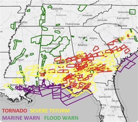 Map Tornado And Severe Thunderstorm Warnings Across The Southeast