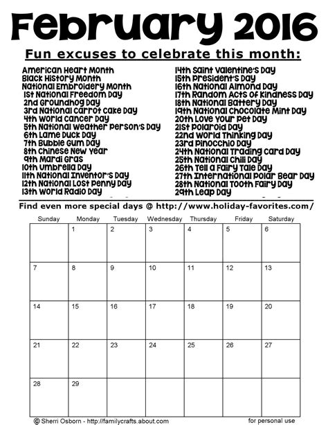 Printable February 2016 Calendars Holiday Favorites
