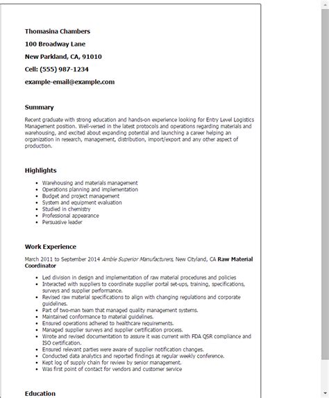 Entry Level Logistics Manager Resume Example Mpr