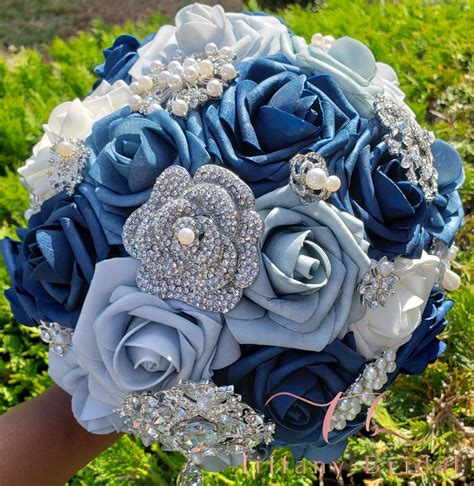 Dusty Blue Rose Brooch Bouquet Blue Wedding Bouquet Wedding Brooch
