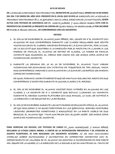 Ejemplo Acta De Hechos Primaria Educación Avanzada Escuelas