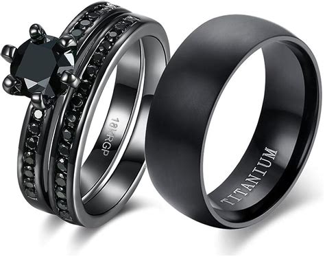 Loversring Couple Ring Bridal Sets His Hers Women 18k Black Gold Plated Cz Men Titanium Wedding