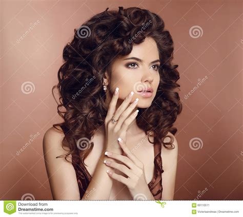 Beautiful Girl With Long Curly Hair Makeup Manicured Nails Stock Image Image Of Cute